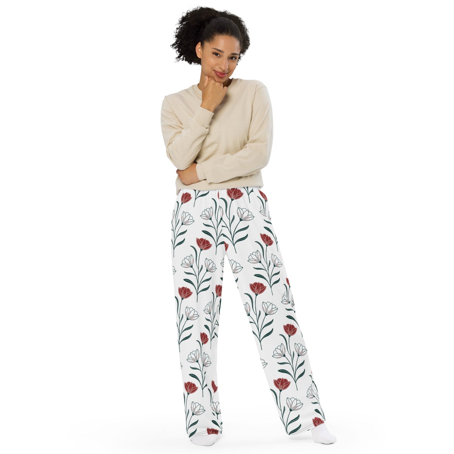 Red Rose Flower Woman wearing soft and cozy pajama pants